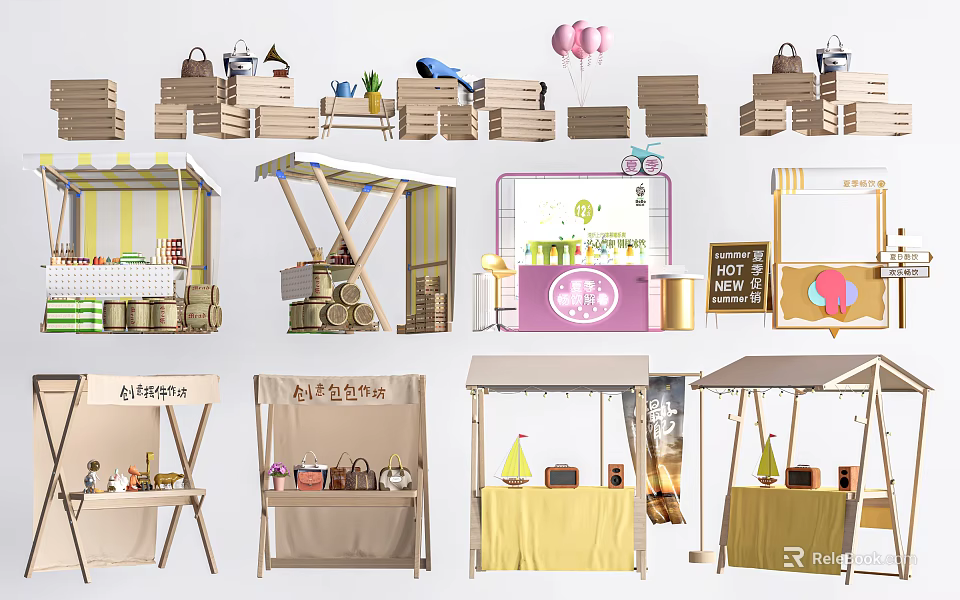 Colorful Garden Decoration Market Stalls With Canopies Potted Plants And Decor Items 3d model 