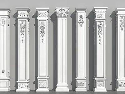 Various Decorative Columns With Carved Details And Different Architectural Styles 3d model