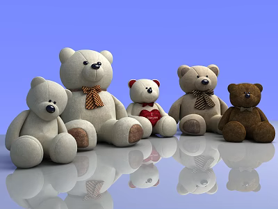 Cute Teddy Bears In Various Sizes With Bow Ties And Red Heart On Blue Background 3d model