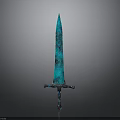 Blue Textured Sword With Metallic Hilt And Decorative Art Design Isolated On Dark Background