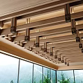 Modern Wooden Ceiling Design With Grid Pattern And Recessed Lighting Near Large Windows 3d model