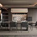 Modern Restaurant Interior Design With Dining Table Chairs Open Kitchen Tile Backsplash And Dark Cabinets 3d model