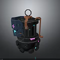 Futuristic Weapon With Blue Orange Purple Neon Accents Mechanical Handle Top Ring And Black Body