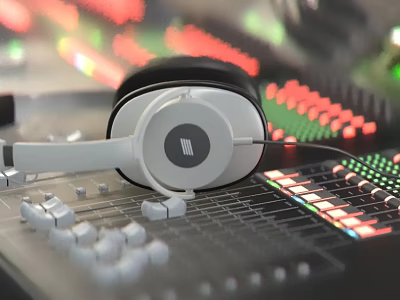 Professional Studio Headphones On Mixing Console With Colorful Buttons And Lights 3d model