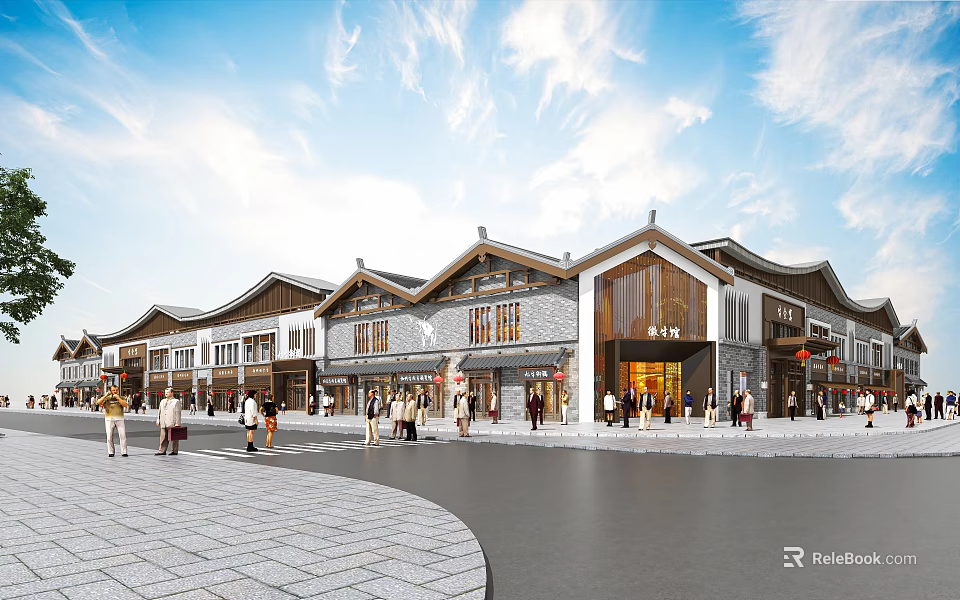 Traditional Commercial Street with Classic Chinese Architecture and Pedestrians Walking Along Storefronts Under Blue Sky 3d model 