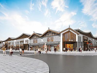 Traditional Commercial Street with Classic Chinese Architecture and Pedestrians Walking Along Storefronts Under Blue Sky 3d model