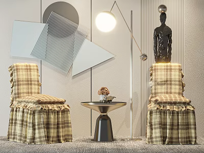 Plaid Leisure Chairs With Ruffled Skirt And Round Table In Geometric Decor Room 3d model