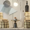 Plaid Leisure Chairs With Ruffled Skirt And Round Table In Geometric Decor Room