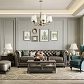 Elegant Modern Living Room Interior With Gray Walls Brass Chandelier Leather Sofa And Blue Armchair