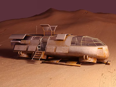 Rusty Desert Vehicle Featuring Ladder Windows And Metallic Structure On Sandy Terrain 3d model