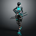 Cyberpunk Female Warrior in Futuristic Black and Teal Armored Suit Wearing Helmet Holding Twin Katanas
