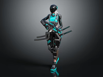 Cyberpunk Female Warrior in Futuristic Black and Teal Armored Suit Wearing Helmet Holding Twin Katanas 3d model