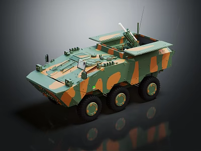 Camouflaged Armored Military Vehicle With Six Wheels Mounted Weapon And Tactical Antenna 3d model