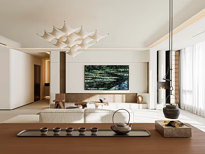 Modern Dining Living Room Interior Design With White Geometric Chandelier Green Artwork And Tea Set 3d model