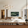 Modern Dining Living Room Interior Design With White Geometric Chandelier Green Artwork And Tea Set