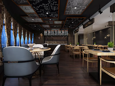 Modern Restaurant Interior With Wooden Flooring Tables Chairs Window Curtains And Decorative Ceiling 3d model