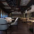Modern Restaurant Interior With Wooden Flooring Tables Chairs Window Curtains And Decorative Ceiling