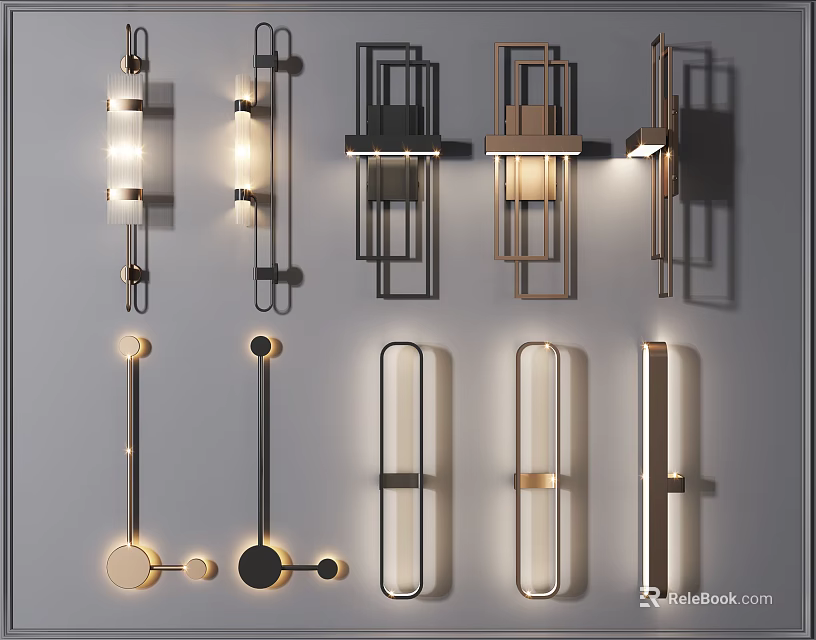 Modern Wall Lamps With Various Geometric Designs And Sleek Metal Frames Illuminated 3d model 