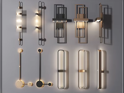 Modern Wall Lamps With Various Geometric Designs And Sleek Metal Frames Illuminated 3d model