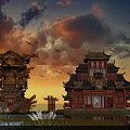 Cartoon Scene With Traditional Chinese Architecture Ancient Style Sunset Sky Flying Birds Trees And Water