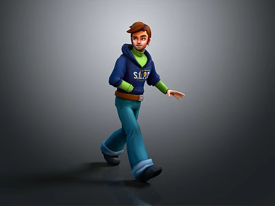 Man Walking In Blue Hoodie With SUP Logo Blue Pants And Brown Belt Gray Background 3d model