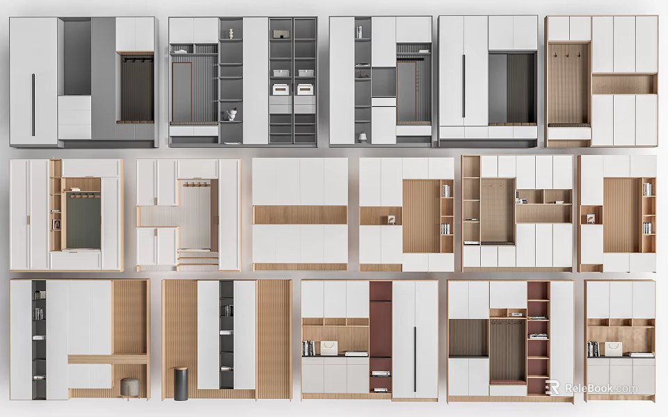 Modern Entryway And Side Cabinets With Wooden White Storage Shelves And Compartments 3d model 