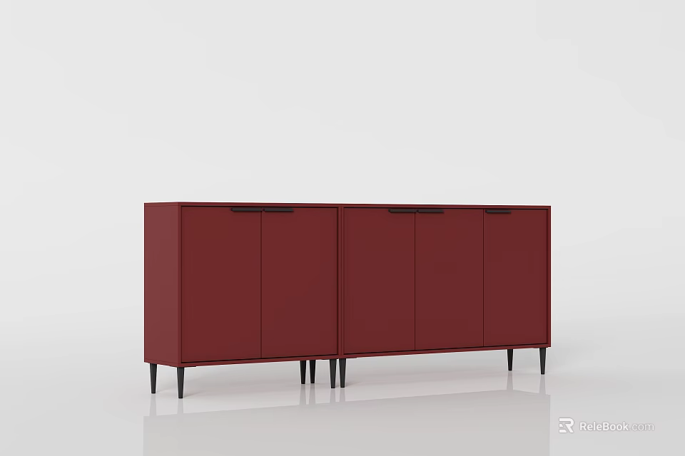 Modern Red Entryway Side Cabinet With Matte Finish And Black Metal Legs 3d model 