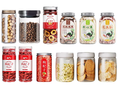 Assorted Foods in Glass Jars Including Nuts Goji Berries Cookies and Dried Fruits 3d model