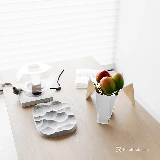 Minimalist Ornamental Decor Combination With Transparent Cover Gray Wavy Plate And White Fruit Vase 3d model 