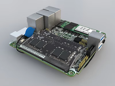 Electronic Circuit Board With Multiple Chips Connectors And Components 3d model
