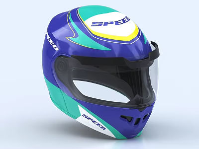 Vibrant Blue Green Yellow Racing Helmet With Speed Logo And Stylish Design 3d model
