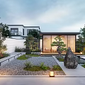 Serene Courtyard Garden with Gravel Path Rockery Small Pond Pine Tree and Green Plants