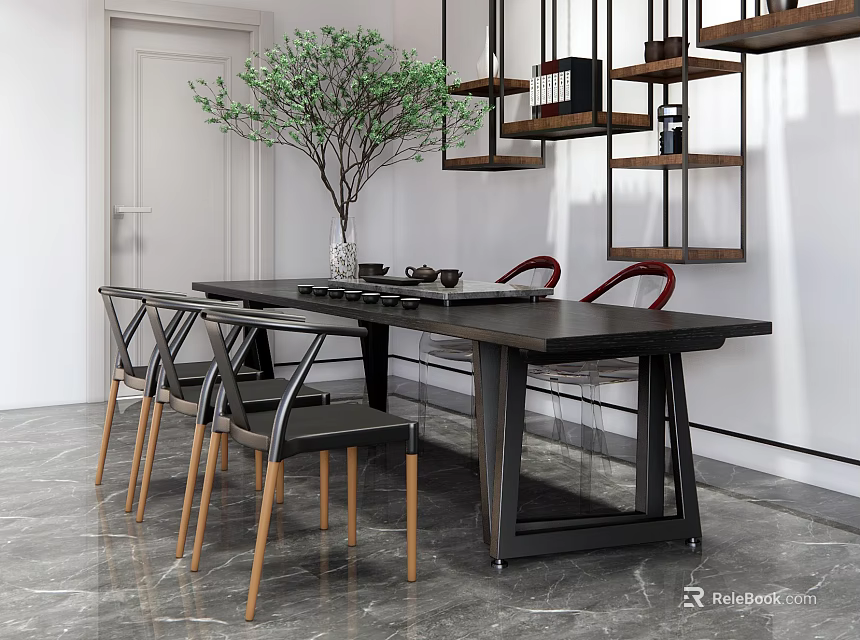 Modern Tea Table And Chairs In Living Room With Grey Marble Floor And Wooden Shelves 3d model 