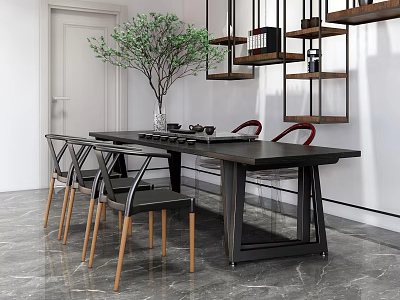 Modern Tea Table And Chairs In Living Room With Grey Marble Floor And Wooden Shelves 3d model