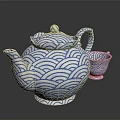 Traditional Teapot And Teacup With Blue White Wave Pattern Design