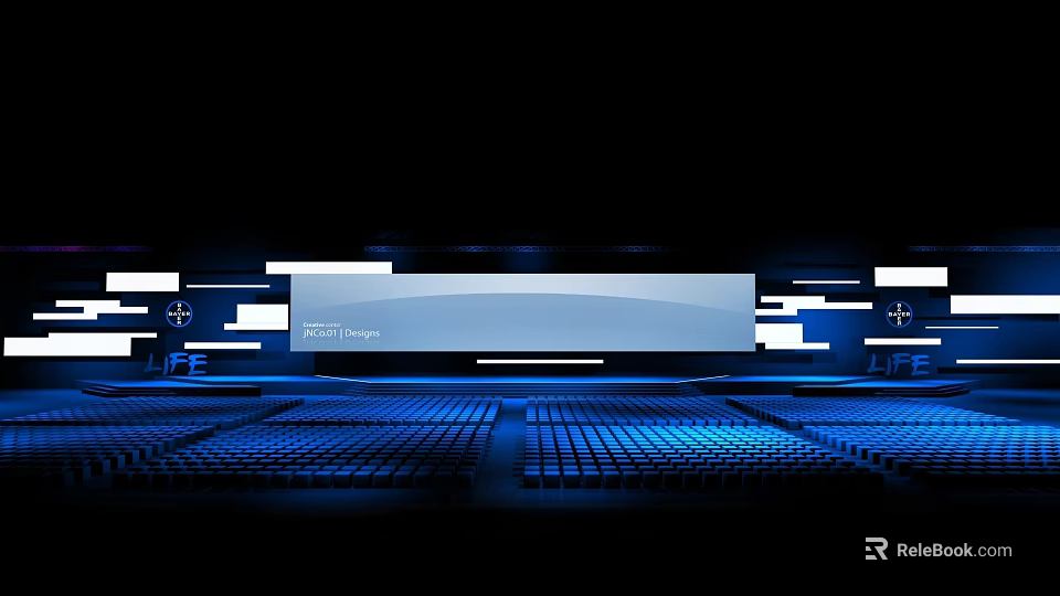 Modern Stage With Blue Lighting Arranged Seats Large Screen And Geometric Decorations 3d model 