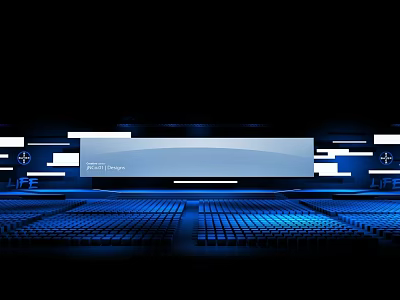 Modern Stage With Blue Lighting Arranged Seats Large Screen And Geometric Decorations 3d model