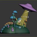 Playful 3D Scene With Green Base Pink Mushroom Yellow Stem Blue Trees And Colorful Bridge