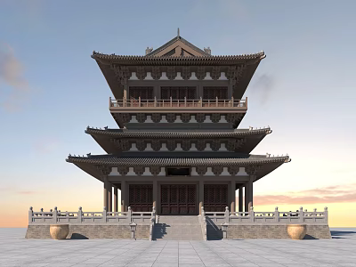 Ancient Traditional Chinese Architecture Tower With Overhanging Eaves Stone Steps And Railing 3d model
