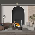 Modern Minimalist Living Room With Beige Sofa Arched Fireplace Burning Fire Armchairs Plant And Rug