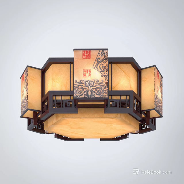 Traditional Chinese Style Wooden Frame Ceiling Light With Carved Patterns And Warm Lighting 3d model 