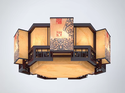 Traditional Chinese Style Wooden Frame Ceiling Light With Carved Patterns And Warm Lighting 3d model