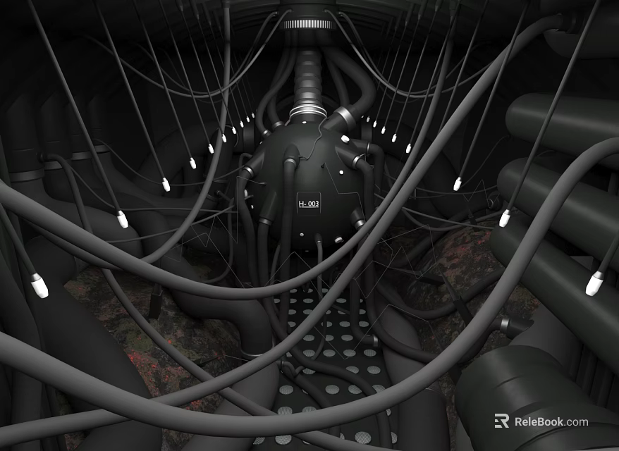 Cartoon Sci Fi Scene with Central Spherical Structure Complex Pipes Cables and Glowing Lights 3d model