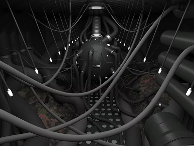 Cartoon Sci Fi Scene with Central Spherical Structure Complex Pipes Cables and Glowing Lights 3d model