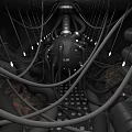 Cartoon Sci Fi Scene with Central Spherical Structure Complex Pipes Cables and Glowing Lights 3d model