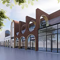 Modern Commercial Street With Red Brick Buildings Arched Windows Glass Doors And Trees