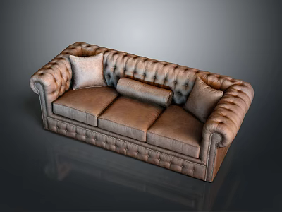 Brown Leather Tufted Three Seater Sofa with Classic Design and Armrests 3d model