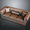 Brown Leather Tufted Three Seater Sofa with Classic Design and Armrests 3d model