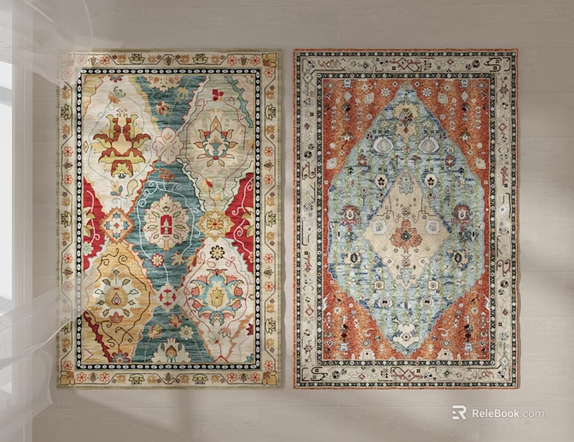 Traditional Square Rugs With Colorful Intricate Patterns And Geometric Floral Designs 3d model 