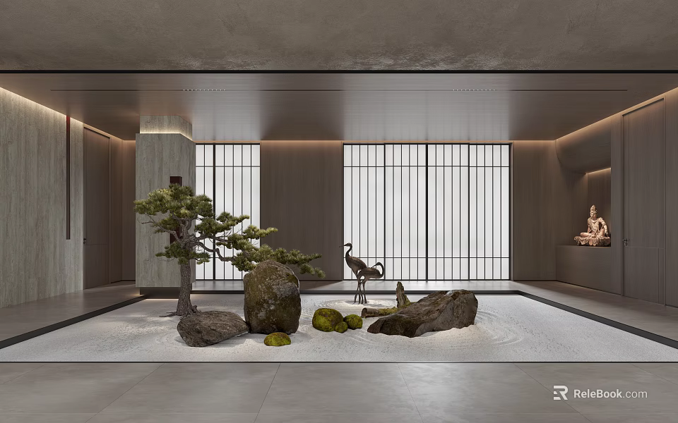 Indoor Japanese Zen Garden Ornament with White Gravel Stones Pine Crane Ornaments and Lattice Windows 3d model 